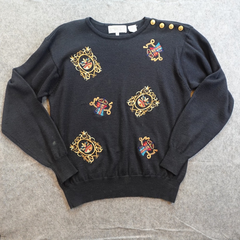 Vintage Investments Sweater Women Medium Navy Blue Wool Blend Crest Gold Buttons